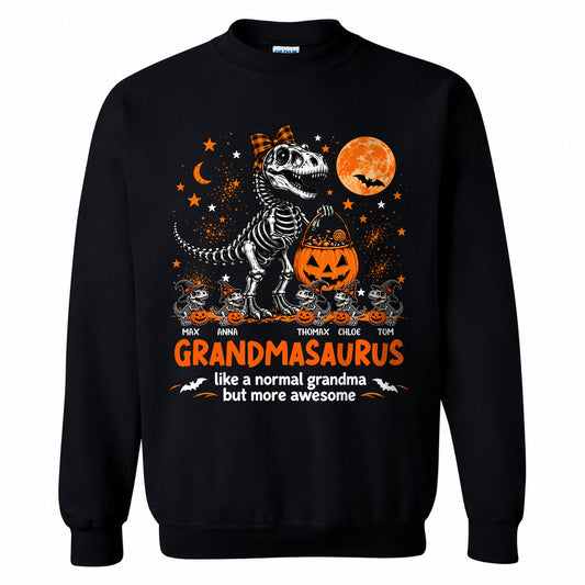 Personalized Grandmasaurus Halloween T-Shirt, Custom Grandkids Names Dinosaur Family Shirt, Spooky Pumpkin Grandma Tee