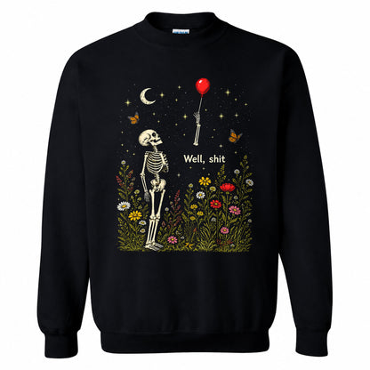 Skeleton Holding Red Balloon Graphic T-Shirt, Funny Halloween Inspired Skeleton Shirt, Spooky Season Casual Tee