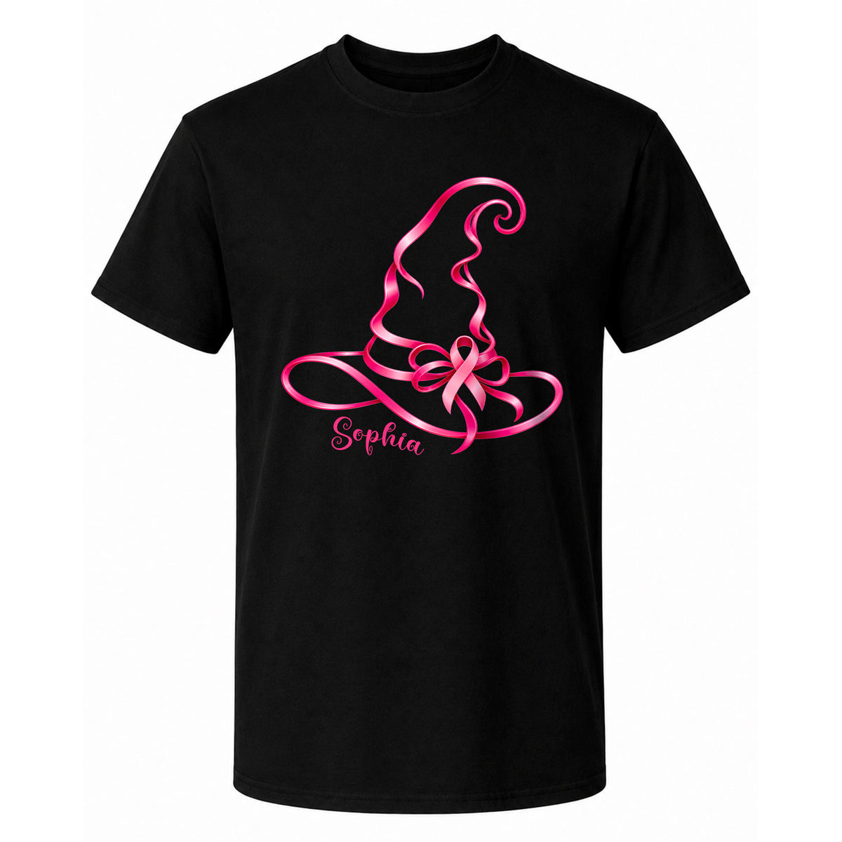 Personalized Halloween Breast Cancer Awareness T-Shirt & Sweater for Women, Pink Ribbon Witch Hat Design, Custom Name Family Matching Tee