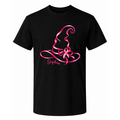 Personalized Halloween Breast Cancer Awareness T-Shirt & Sweater for Women, Pink Ribbon Witch Hat Design, Custom Name Family Matching Tee