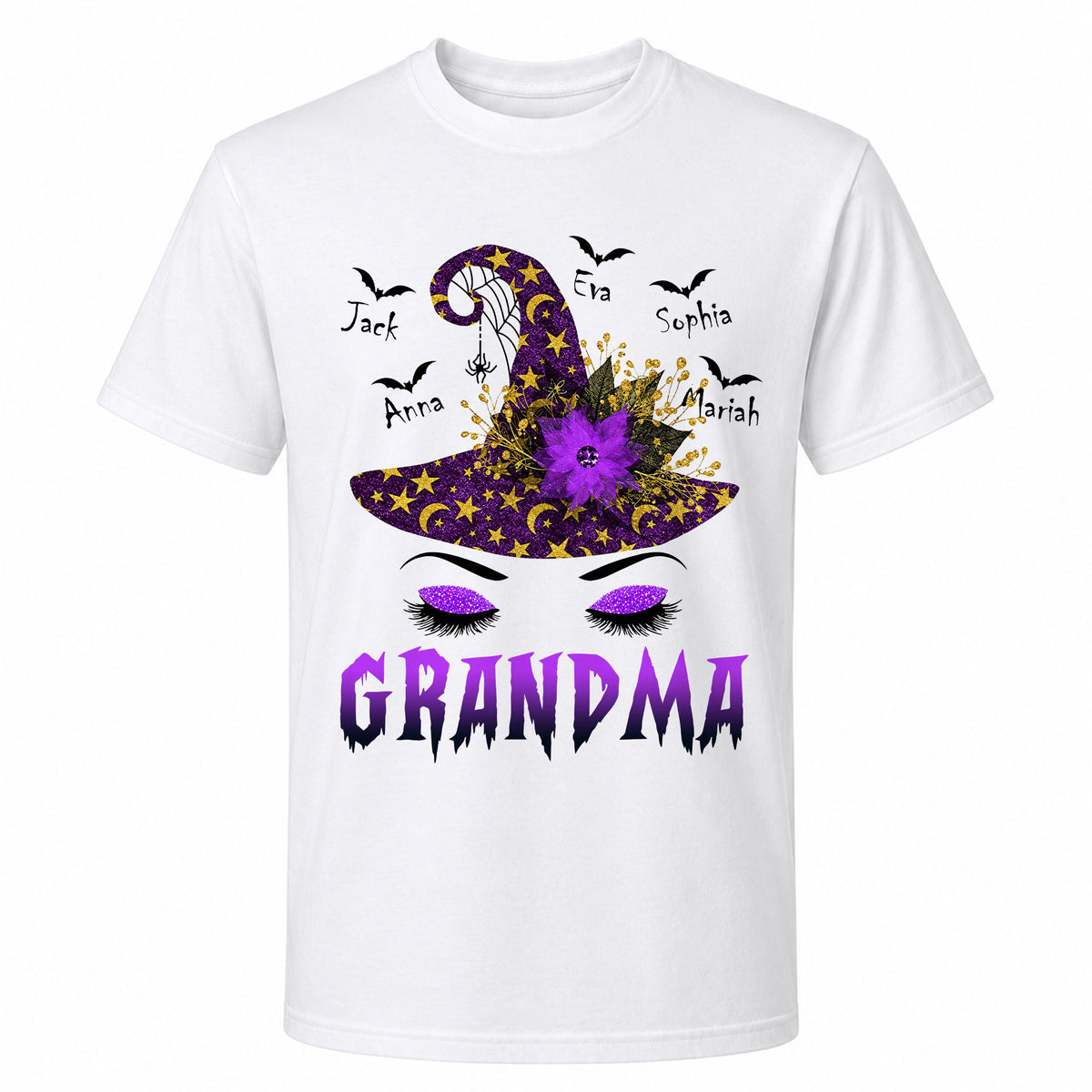 Personalized Grandma Witch Hat Sweatshirt, Custom Grandkids Names Halloween Shirt, Purple Witch Hat Family Gift