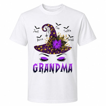 Personalized Grandma Witch Hat Sweatshirt, Custom Grandkids Names Halloween Shirt, Purple Witch Hat Family Gift