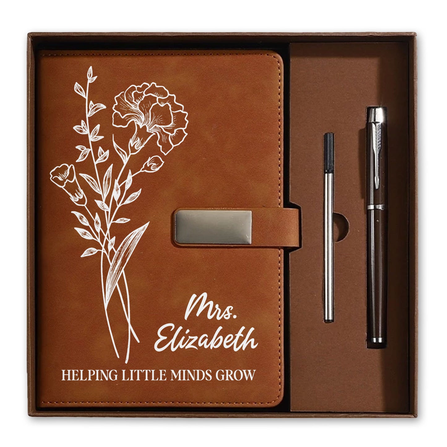 Birth Month Flower Teacher Journal - Custom Name Leather Notebook Gift Set - Teacher Appreciation Gift