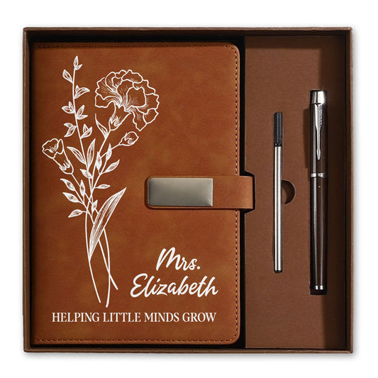 Birth Month Flower Teacher Journal - Custom Name Leather Notebook Gift Set - Teacher Appreciation Gift