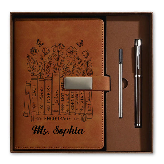 Floral Books Teacher Notebook - Custom Name Leather Notebook  Gift Set - Teacher Appreciation Gift