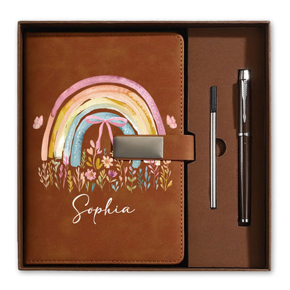 Personalized Leather Notebook Set with Custom Name, Floral Journal Gift Set with Pen for Women, Teacher, Student, Office