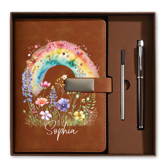 Personalized Leather Notebook Set with Custom Name, Floral Journal Gift Set with Pen for Women, Teacher, Student, Office