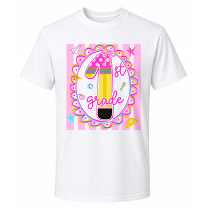 Personalized Back to School Shirt – Custom Name & Grade Preppy Striped Pennant Flag Color Tee for Teachers & Students, Pre-K to 8th Grade Outfit