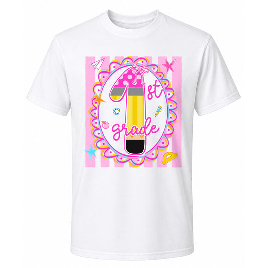 Personalized Back to School Shirt – Custom Name & Grade Preppy Striped Pennant Flag Color Tee for Teachers & Students, Pre-K to 8th Grade Outfit