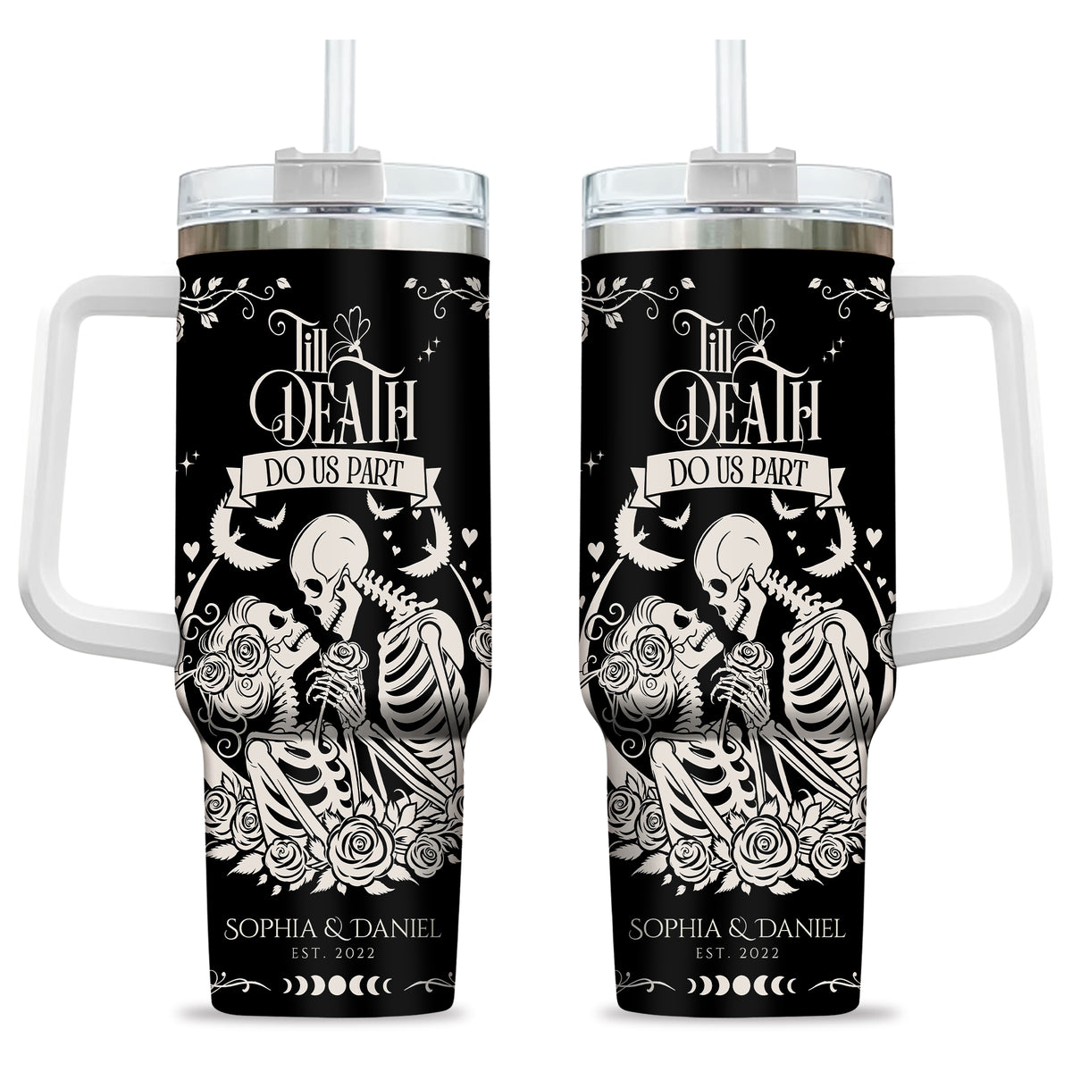 Personalized Skeleton Couple Halloween Tumbler 40oz, Gothic Skeleton with Roses, Halloween Gift for Couples