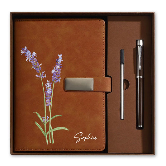 Personalized Leather Notebook Set with Custom Name, Floral Journal Gift Set with Pen for Women, Teacher, Student, Office