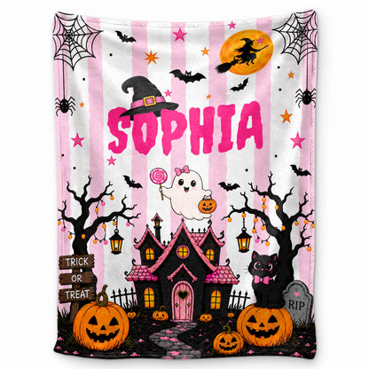 Personalized Halloween Fleece Blanket, Sherpa Blanket, Custom Name Ghost Pumpkin Blanket, Cute Spooky Seasonal Home Decor for Kids