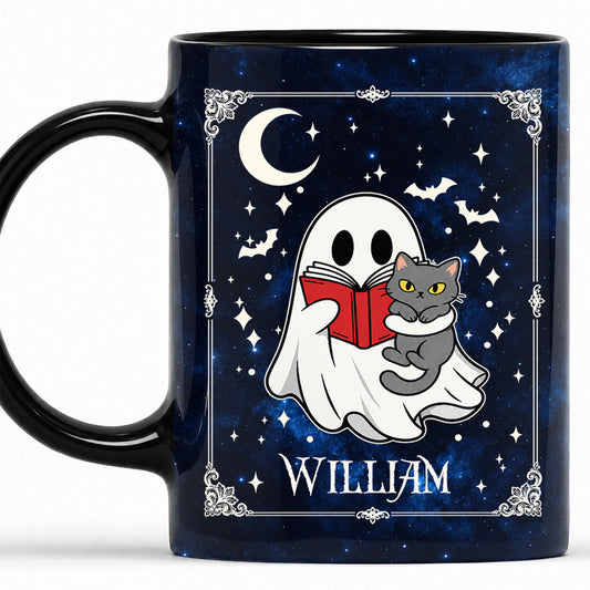Personalized Halloween Mug, Custom Name Ghost & Black Cat Coffee Cup, Gothic Fall Drinkware, Ceramic Mug Gift