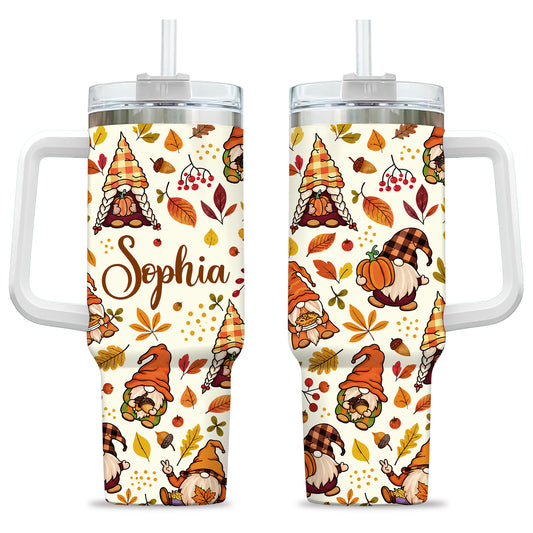 Personalized Thanksgiving Tumbler 40oz, Turkey Fall Leaves Gnome, Hello Fall Custom Name Gift For Adult & Friends