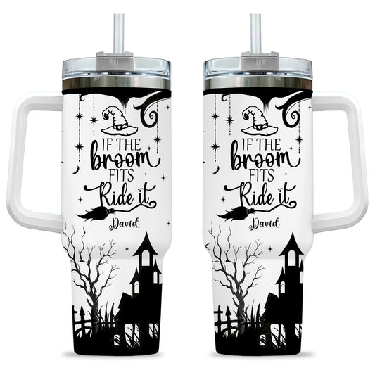 Personalized 40oz Halloween Tumbler with Custom Name, Witch Broom Design, Insulated Travel Cup with Handle