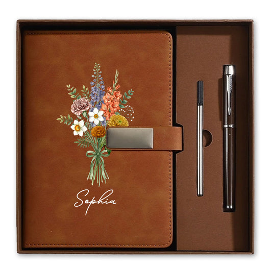 Personalized Leather Notebook Set with Custom Name, Floral Journal Gift Set with Pen for Women, Teacher, Student, Office