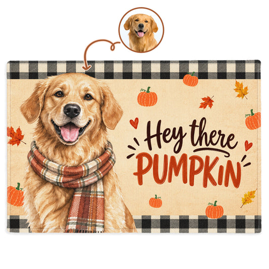 Custom Photo Watercolor Pet With Autumn Accessories Hey There Pumpkin - Personalized Doormat