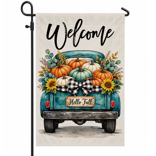 Hello Fall Garden Flag, Welcome Truck Happy Fall Ya'll Floral Pumpkin Outdoor Decor Gift For Family