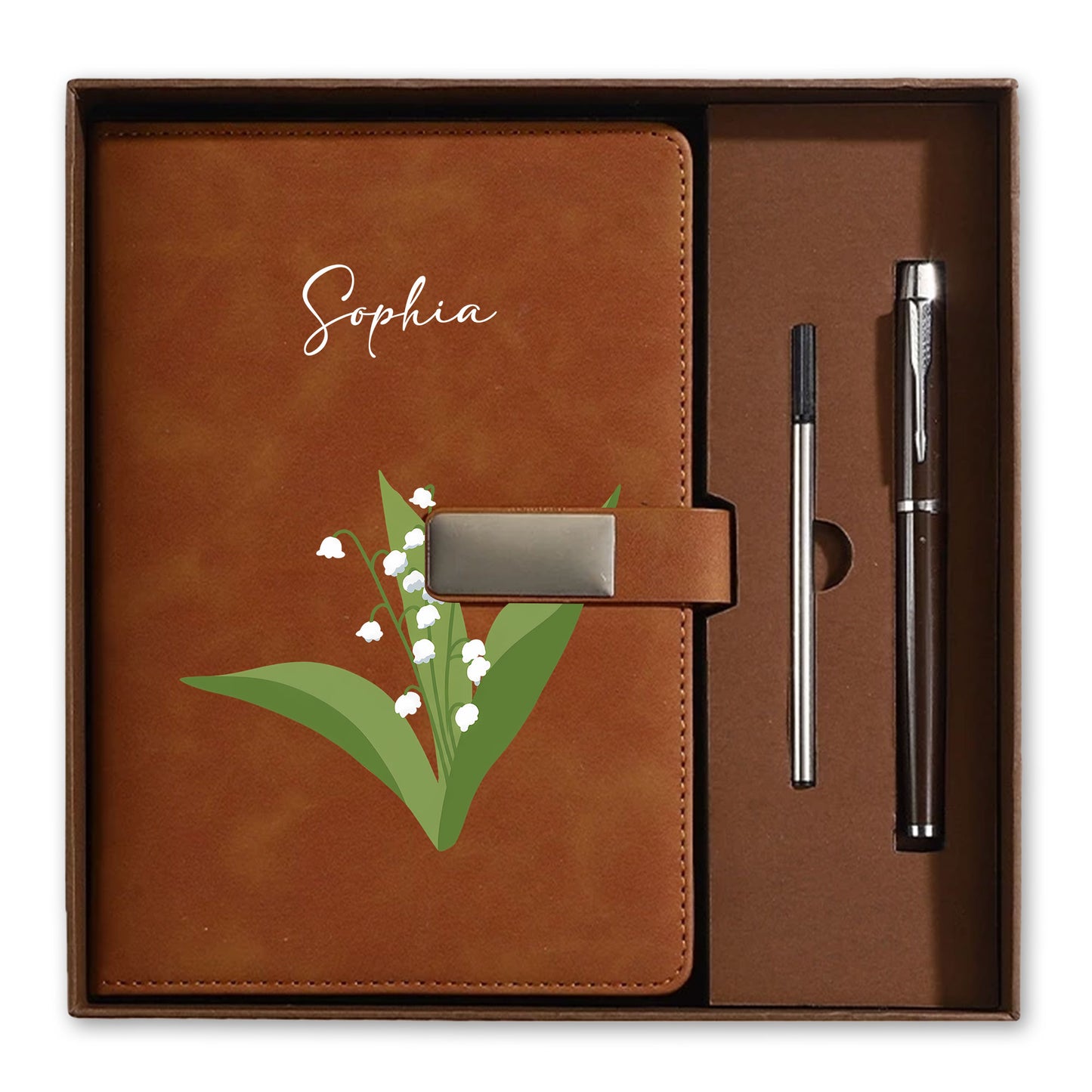 Personalized Leather Notebook Set with Custom Name, Floral Journal Gift Set with Pen for Women, Teacher, Student, Office