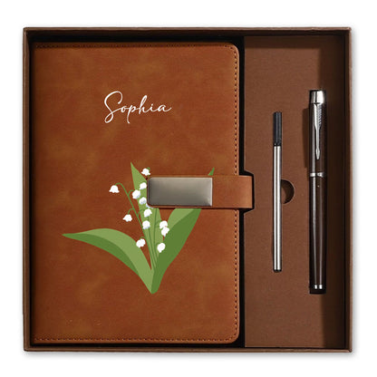 Personalized Leather Notebook Set with Custom Name, Floral Journal Gift Set with Pen for Women, Teacher, Student, Office