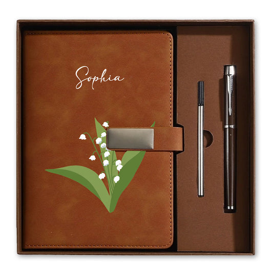 Personalized Leather Notebook Set with Custom Name, Floral Journal Gift Set with Pen for Women, Teacher, Student, Office