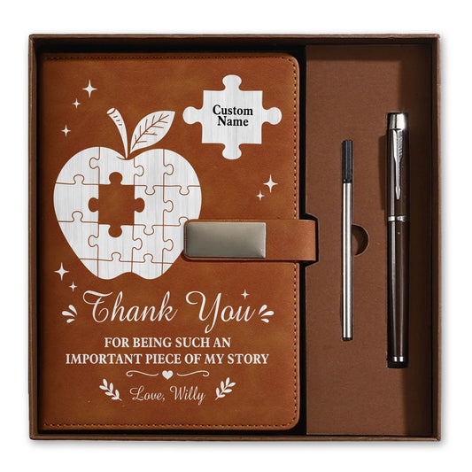Thank You Teacher Journal Gift Set - Custom Name Leather Notebook - Appreciation Gift for Teachers