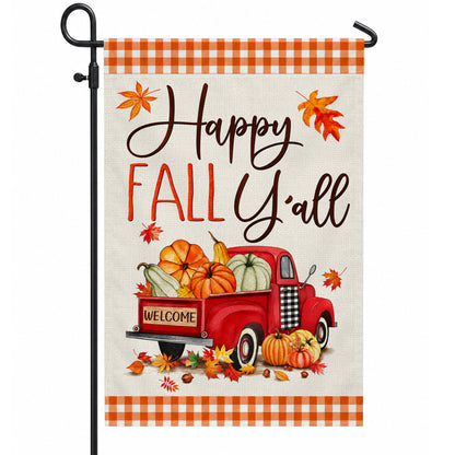 Hello Fall Garden Flag, Welcome Truck Happy Fall Ya'll Floral Pumpkin Outdoor Decor Gift For Family