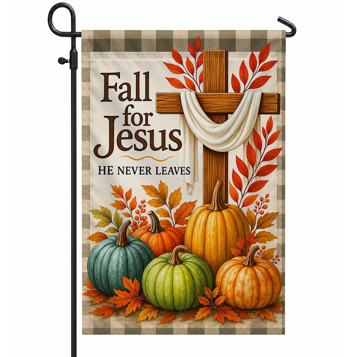 Give Thanks Fall Garden Flag, Rustic Cross Pumpkin Thanksgiving Yard Flag, Autumn Outdoor Decor