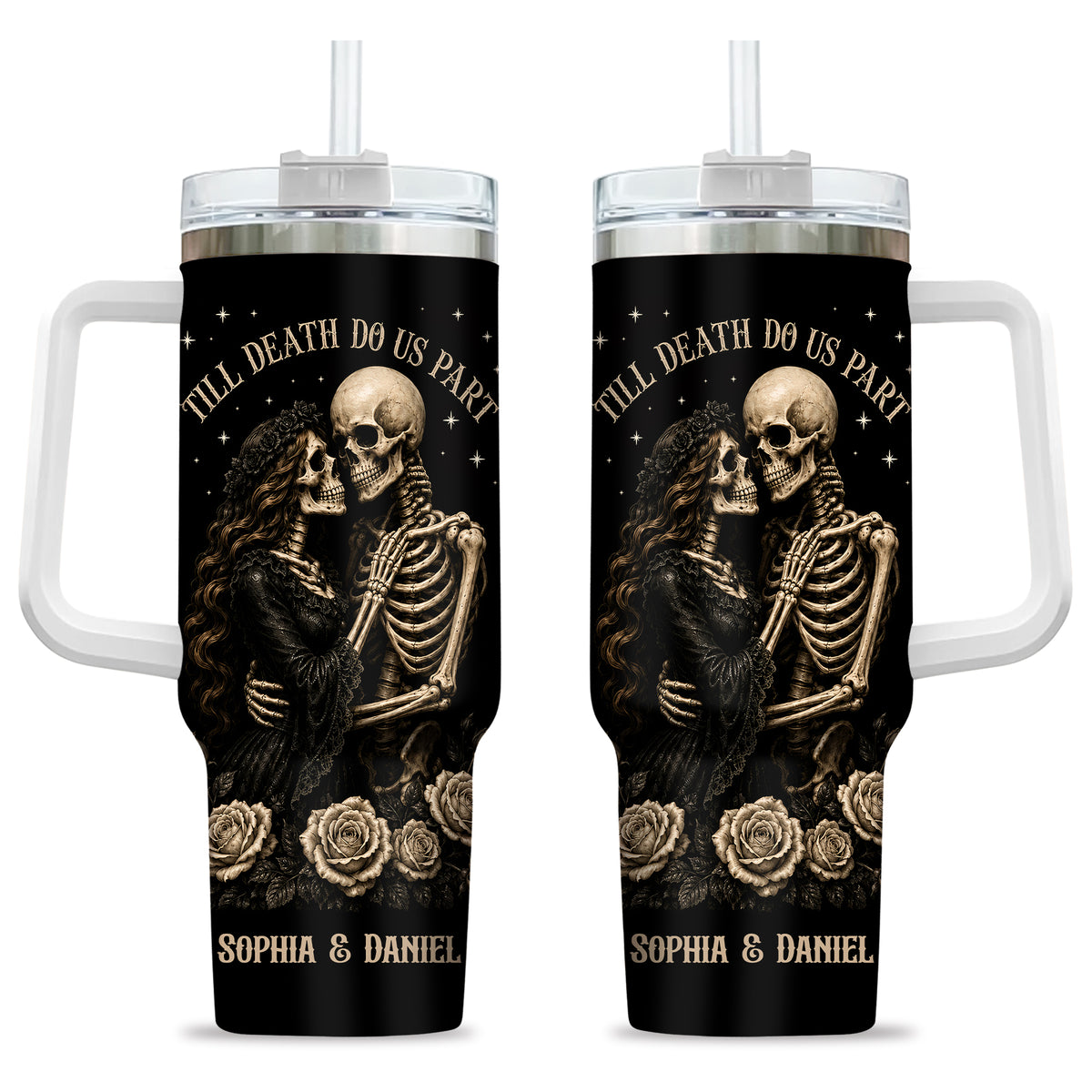 Personalized Skeleton Couple Halloween Tumbler 40oz, Gothic Skeleton with Roses, Halloween Gift for Couples