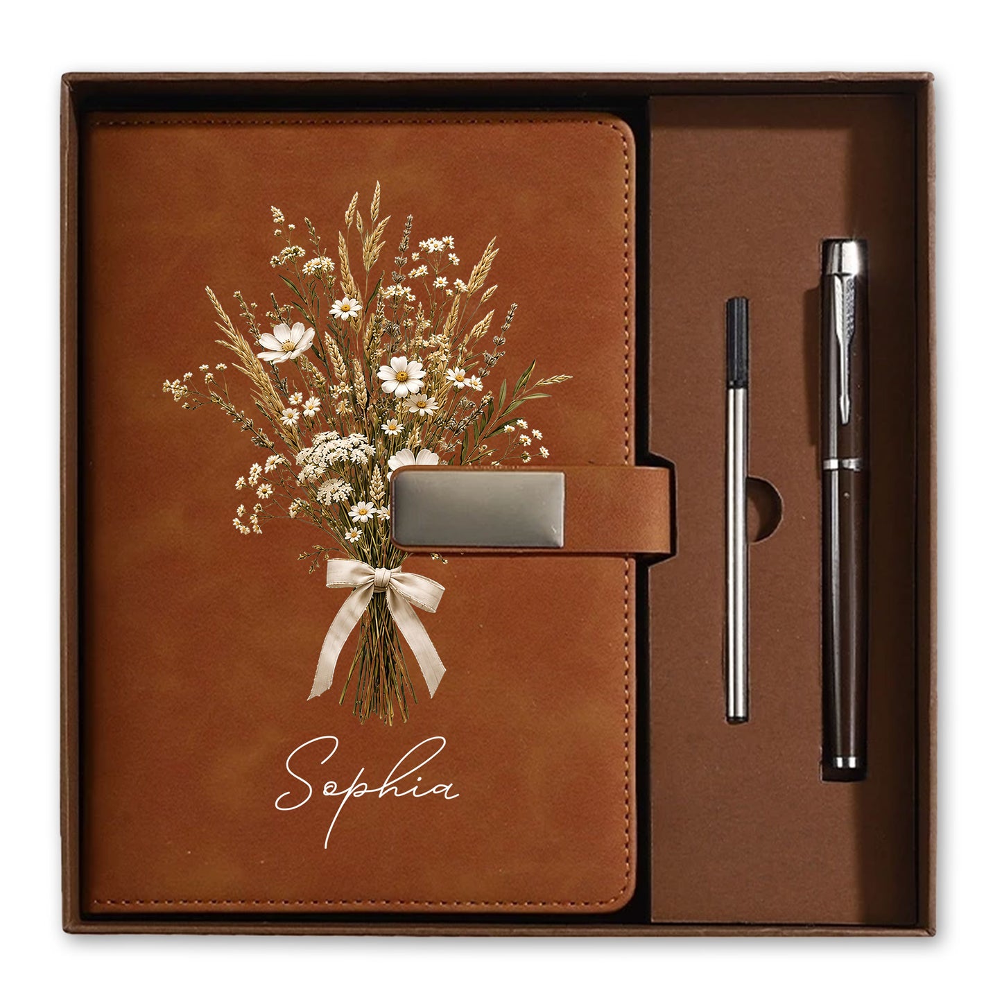 Personalized Leather Notebook Set with Custom Name, Floral Journal Gift Set with Pen for Women, Teacher, Student, Office