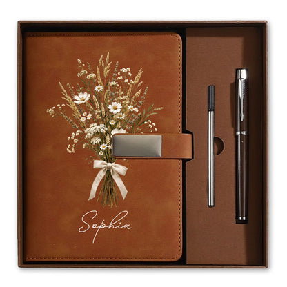 Personalized Leather Notebook Set with Custom Name, Floral Journal Gift Set with Pen for Women, Teacher, Student, Office
