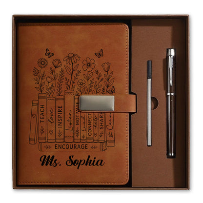 Personalized Teacher Journal Gift Set - Floral Book Stack Teacher Leather Notebook - Teacher Thank You Gift