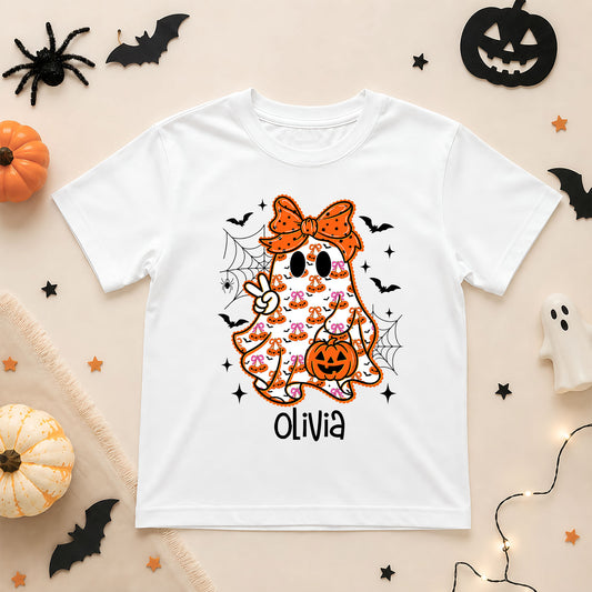 Personalized Halloween Shirt for Kids, Custom Name Spooky Ghost T-Shirt, Candy Corn Pumpkin Design, Halloween Shirt for Boys and Girls