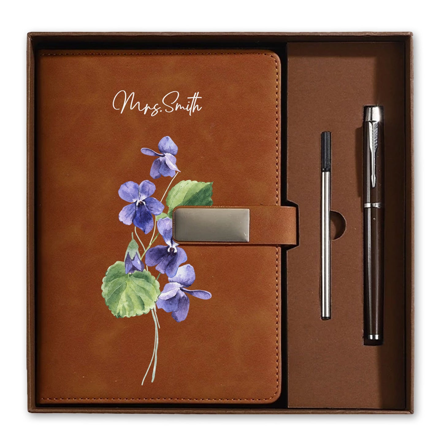 Personalized Leather Notebook Set with Custom Name, Floral Journal Gift Set with Pen for Women, Teacher, Student, Office
