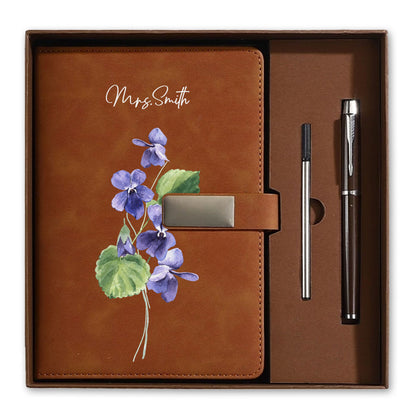 Personalized Leather Notebook Set with Custom Name, Floral Journal Gift Set with Pen for Women, Teacher, Student, Office