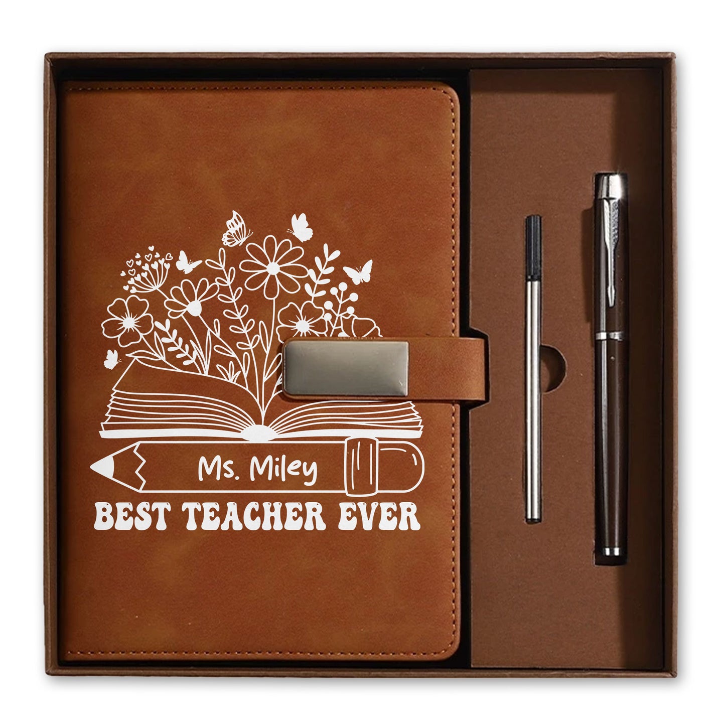 Best Teacher Ever Notebook - Custom Name Leather Notebook Gift Set - Thank You Teacher Gift