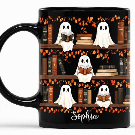 Personalized Halloween Mug, Custom Name Ghost & Black Cat Coffee Cup, Gothic Fall Drinkware, Ceramic Mug Gift