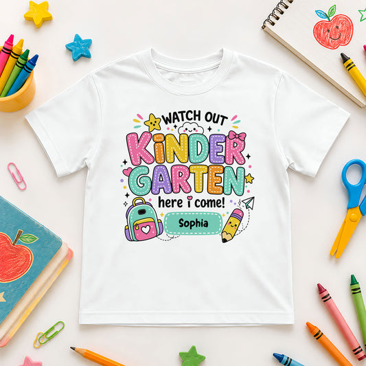 Personalized Watch Out Back to School Shirt – Custom Name & Grade Colorful Tee for Pre-K to 8th Grade Students