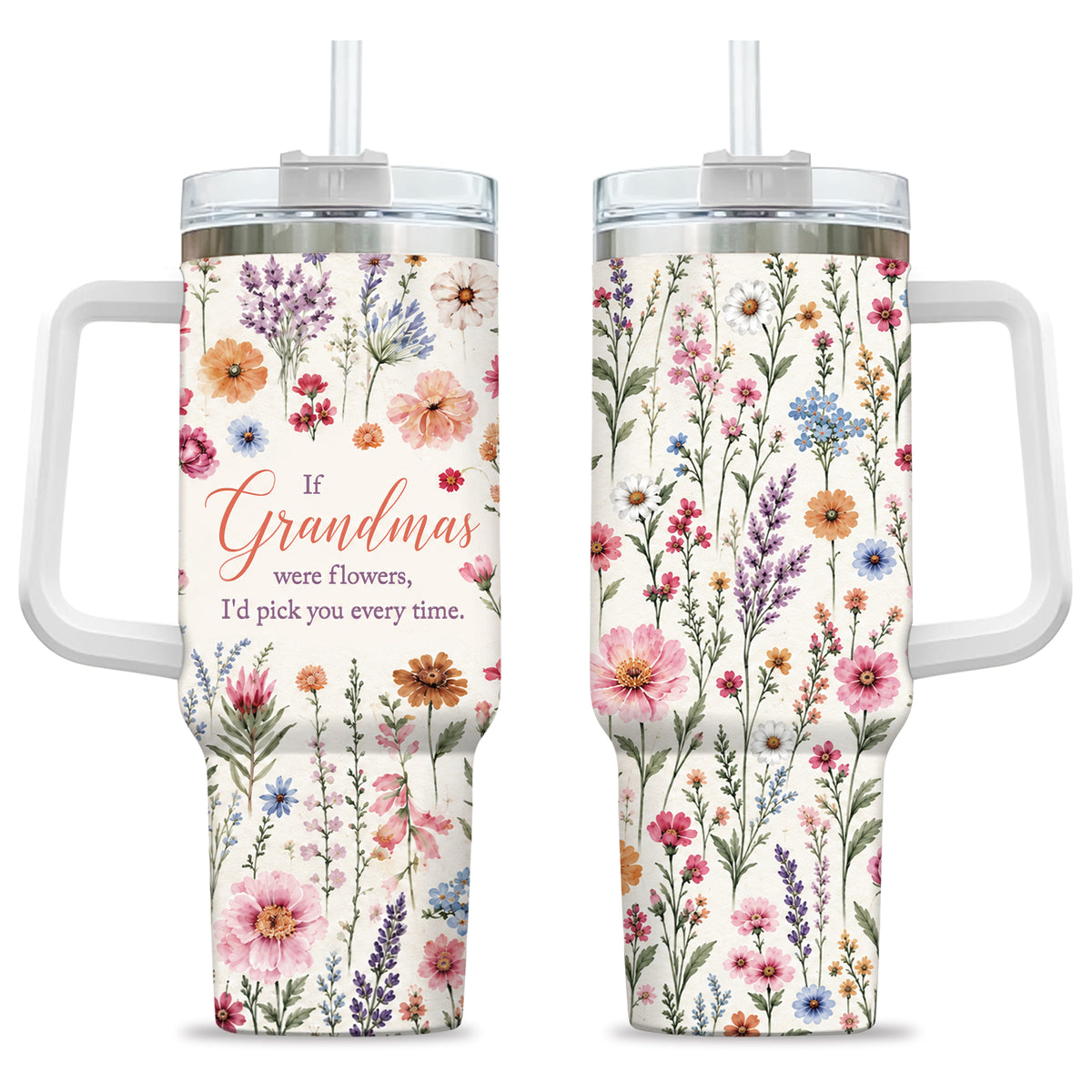 Personalized Thanksgiving Tumbler 40oz with Handle, Floral Fall Design, Gift For Grandma
