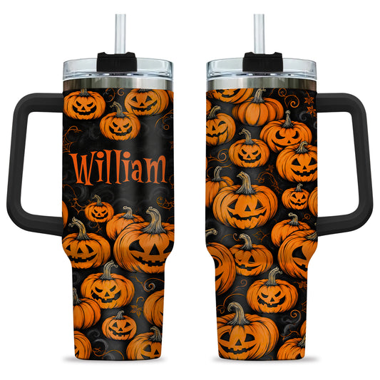 Personalized Halloween Tumbler, 40oz Travel Tumbler with Name, Vintage Spooky Pattern Gift Girls and Boys