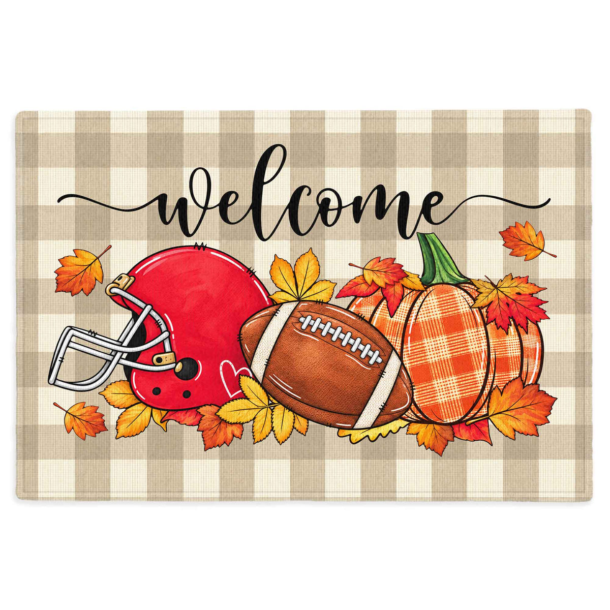 Fall Football Pumpkin Doormat, Welcome Autumn Leaves Door Mat, Thanksgiving Home Decor
