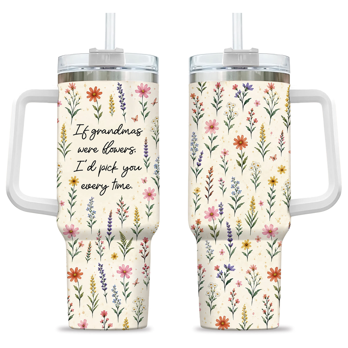 Personalized Thanksgiving Tumbler 40oz with Handle, Floral Fall Design, Gift For Grandma
