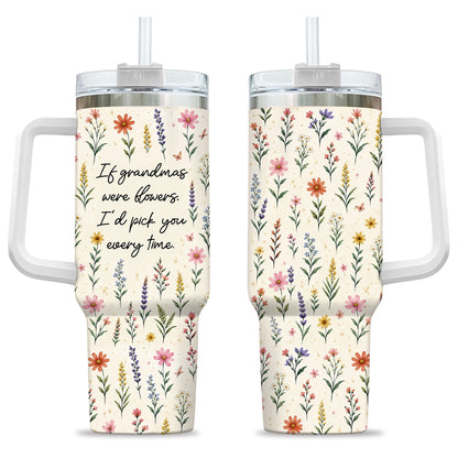 Personalized Thanksgiving Tumbler 40oz with Handle, Floral Fall Design, Gift For Grandma