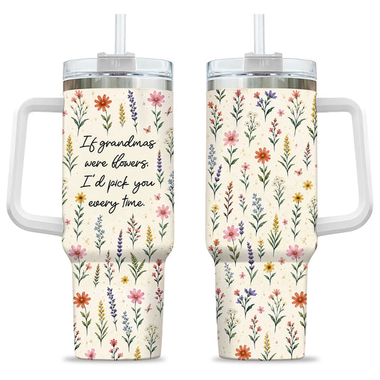 Personalized Thanksgiving Tumbler 40oz with Handle, Floral Fall Design, Gift For Grandma