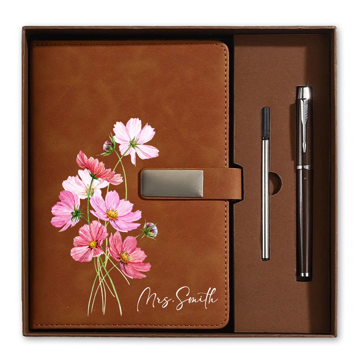 Personalized Leather Notebook Set with Custom Name, Floral Journal Gift Set with Pen for Women, Teacher, Student, Office