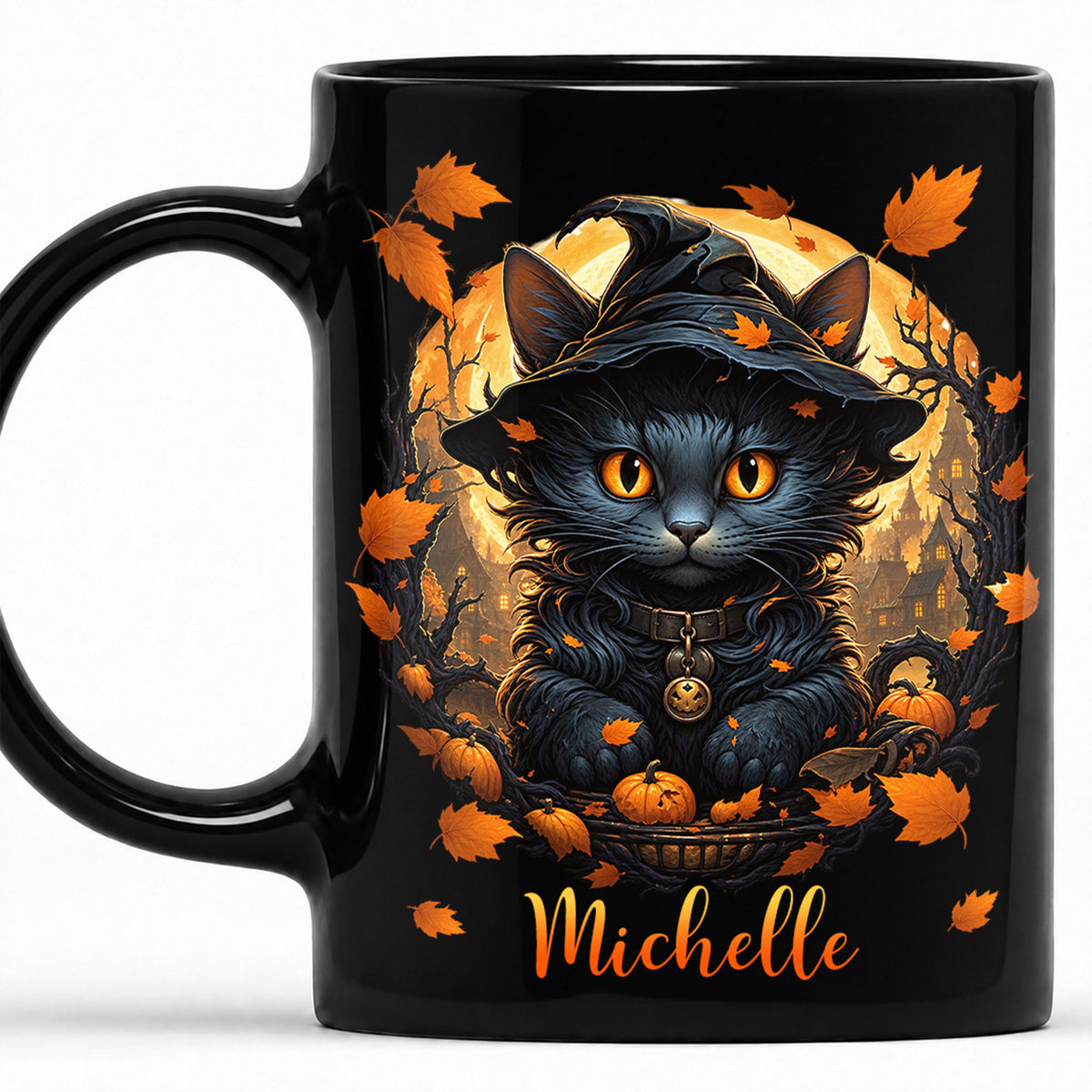 Personalized Halloween Cat Mug, Cute Black Cat Witch Hat Pumpkin Mug, Custom Name Fall Coffee Cup, Halloween Gift for Cat Lovers