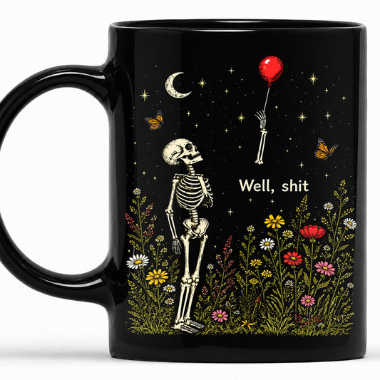 Skeleton Holding Red Balloon Halloween Mug, Funny Spooky Coffee Mug, Halloween Gift