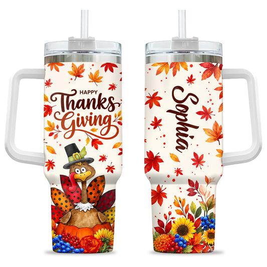 Personalized Thanksgiving Tumbler 40oz, Turkey Fall Leaves Gnome, Hello Fall Custom Name Gift For Adult & Friends