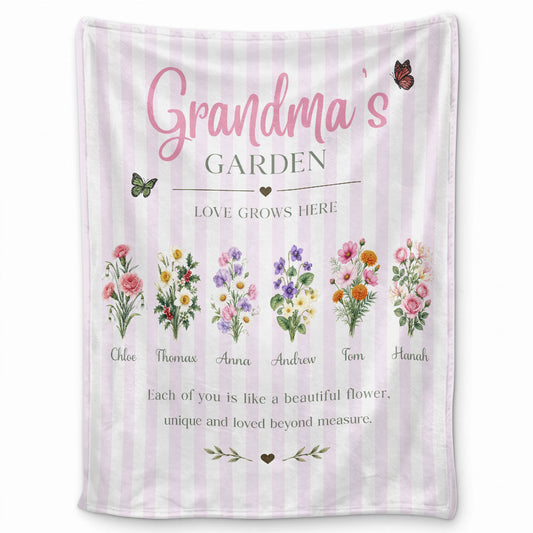 Personalized Grandma Thanksgiving Fleece & Sherpa Blanket, Family Garden Floral Custom Name Gift for Grandma