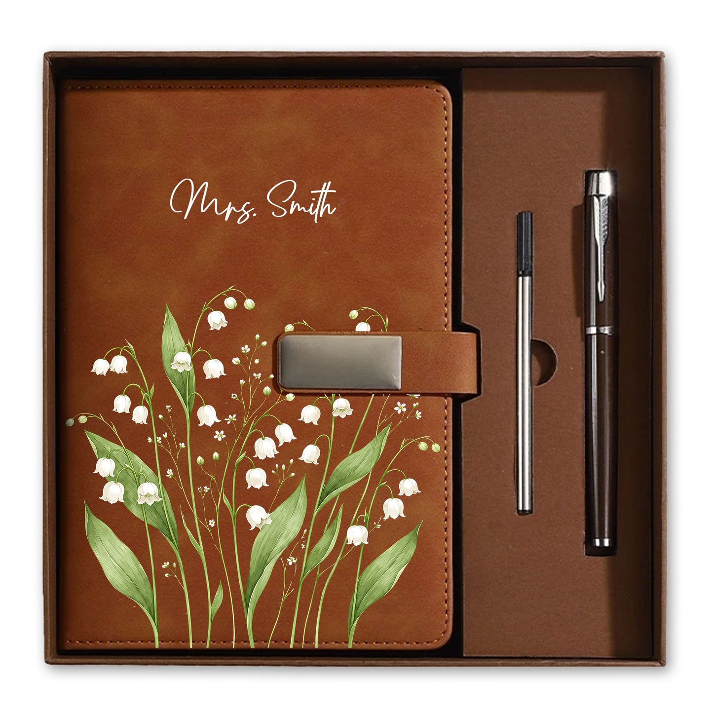Personalized Leather Notebook Set with Custom Name, Floral Journal Gift Set with Pen for Women, Teacher, Student, Office